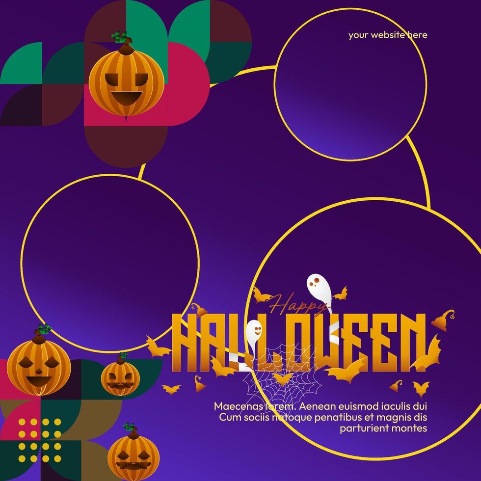 Happy Halloween background in geometric style. Happy Halloween cover with pumpkins, spider webs and typography. Suitable for posters, greeting cards and party invitations for Halloween celebrations vector