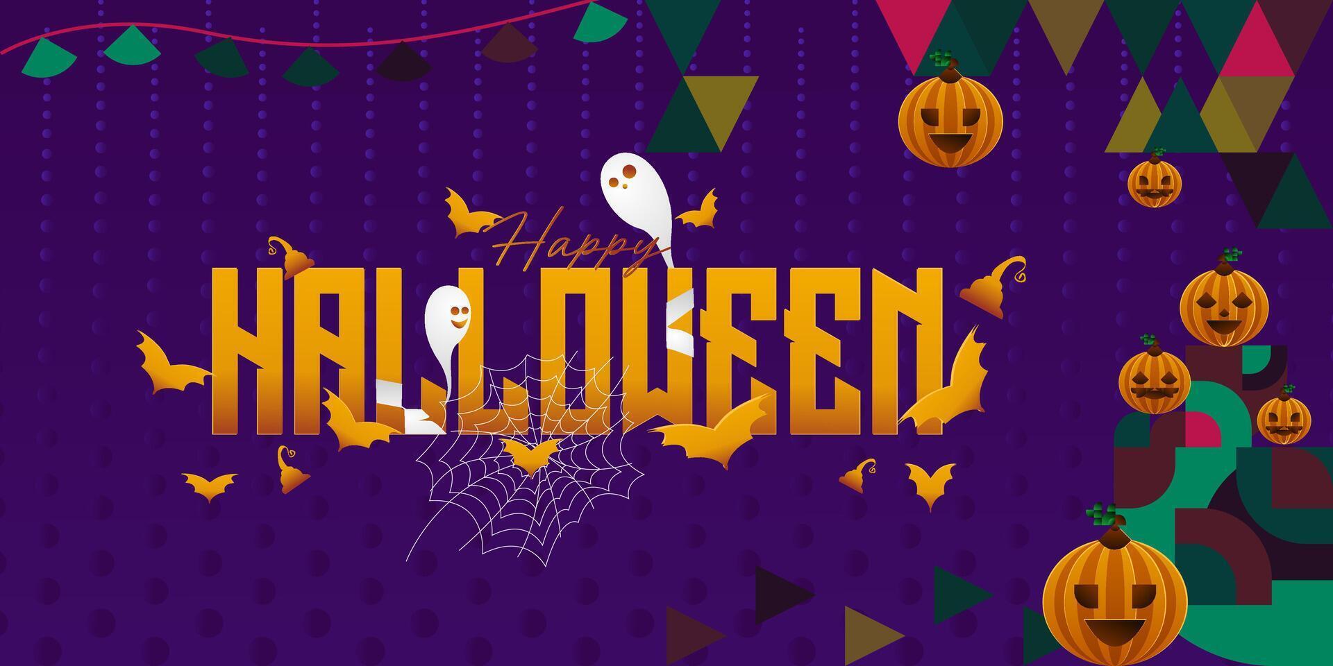 Happy Halloween background in geometric style. Happy halloween cover with pumpkins, spider webs and typography. Suitable for posters, greeting cards and party invitations for Halloween celebrations vector