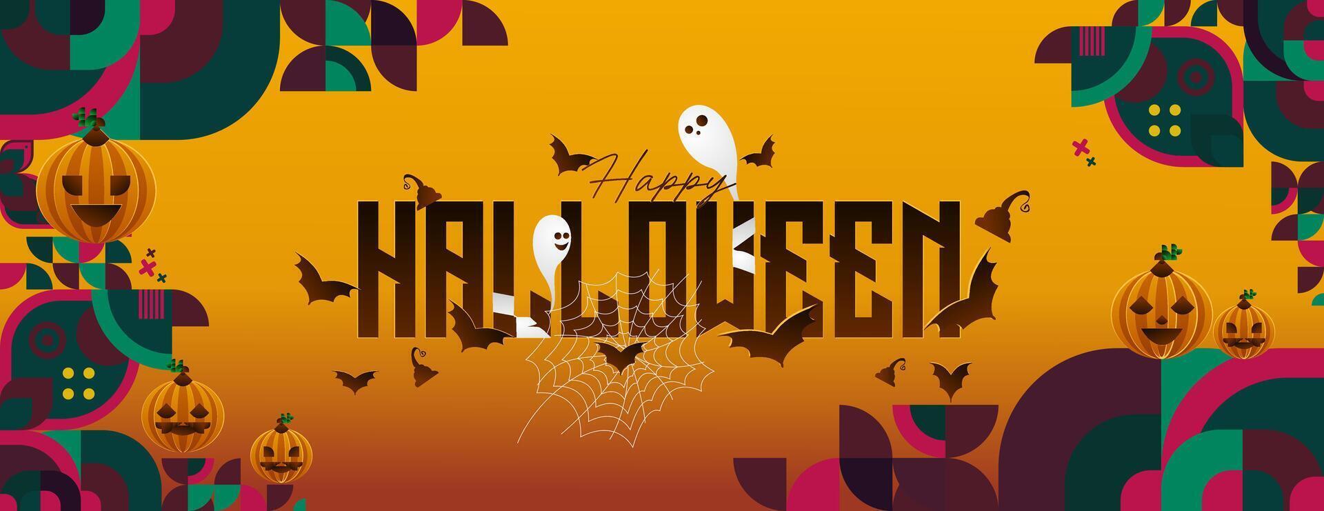 Happy Halloween horizontal background in geometric style. Happy Halloween cover with pumpkins, spider webs and typography. Suitable for greeting cards and party invitations for Halloween celebrations vector