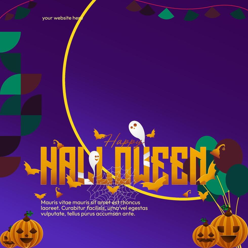 Happy Halloween background in geometric style. Happy Halloween cover with pumpkins, spider webs and typography. Suitable for posters, greeting cards and party invitations for Halloween celebrations vector