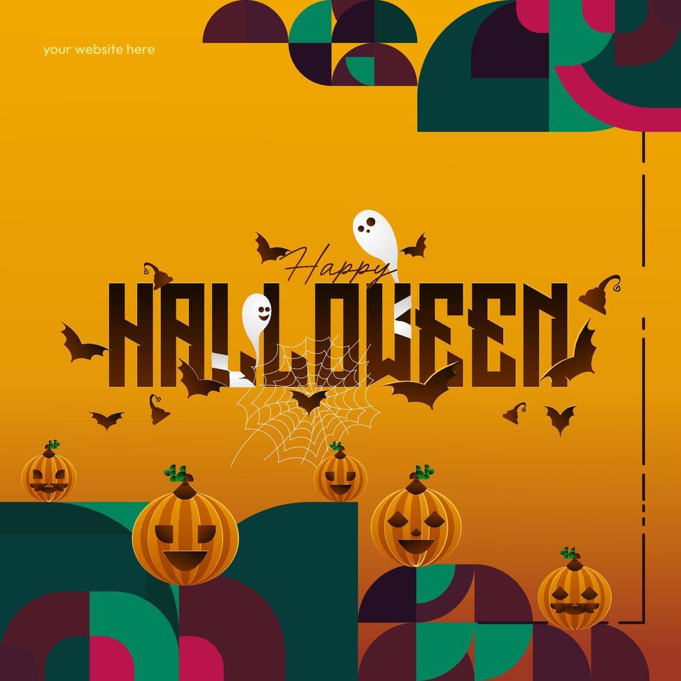 Happy Halloween background in geometric style. Happy Halloween cover with pumpkins, spider webs and typography. Suitable for posters, greeting cards and party invitations for Halloween celebrations vector