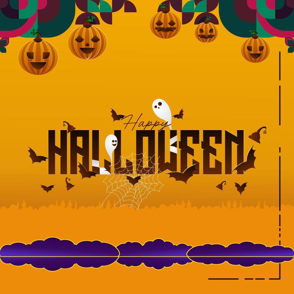 Happy Halloween background in geometric style. Happy Halloween cover with pumpkins, spider webs and typography. Suitable for posters, greeting cards and party invitations for Halloween celebrations vector