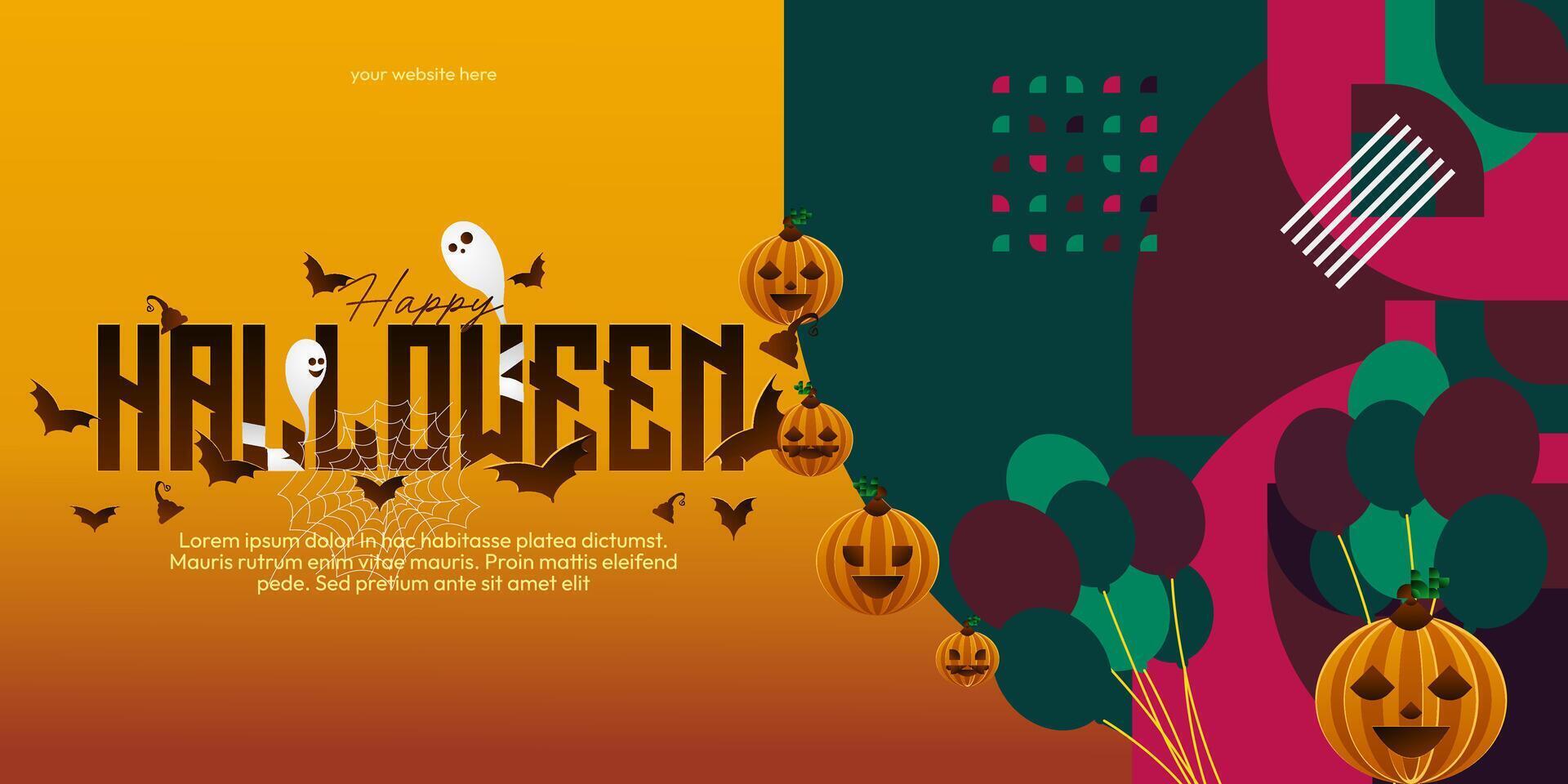 Happy Halloween background in geometric style. Happy halloween cover with pumpkins, spider webs and typography. Suitable for posters, greeting cards and party invitations for Halloween celebrations vector