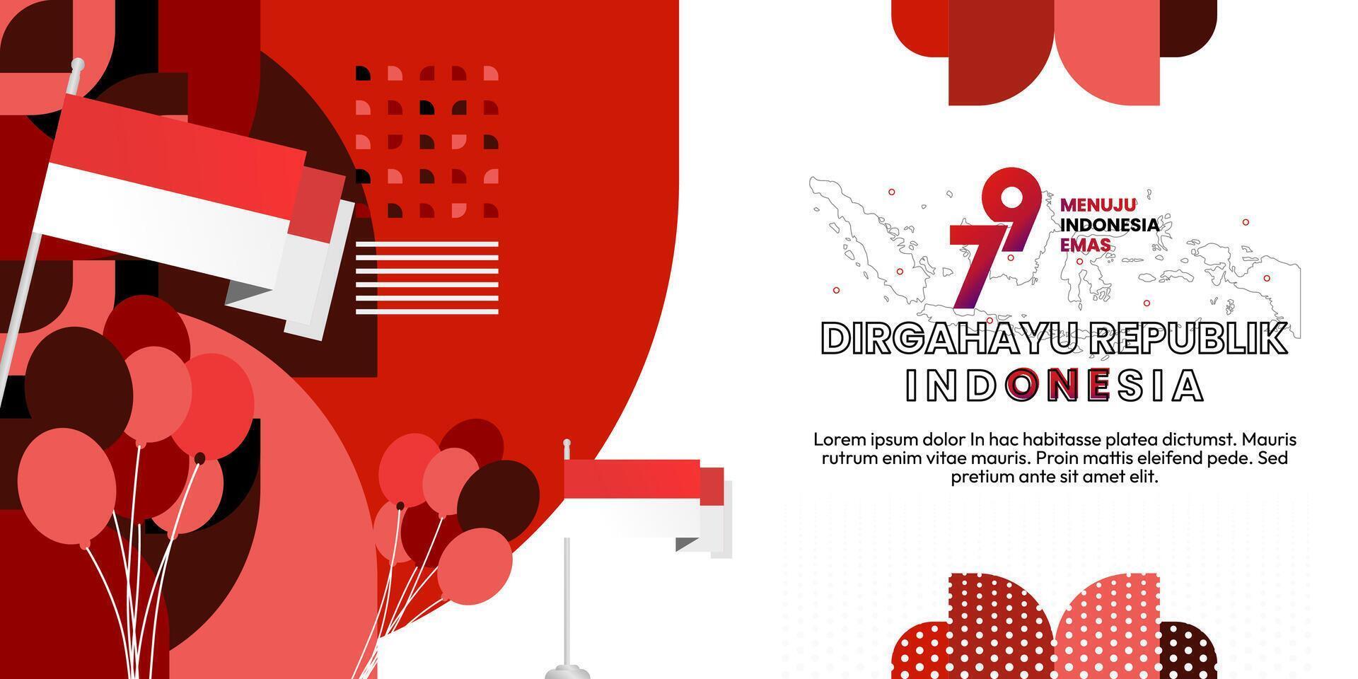 Happy Indonesian Independence Day background in geometric style. Happy Indonesia National Day cover with typography. Vector Illustration. Suitable for greeting cards, ads banner and party invitations