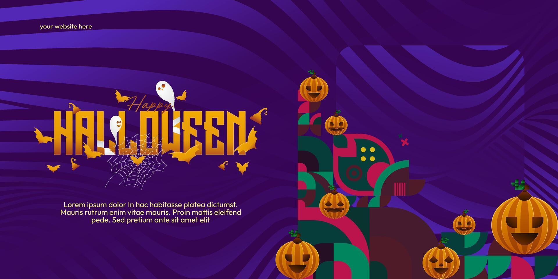 Happy Halloween background in geometric style. Happy halloween cover with pumpkins, spider webs and typography. Suitable for posters, greeting cards and party invitations for Halloween celebrations vector
