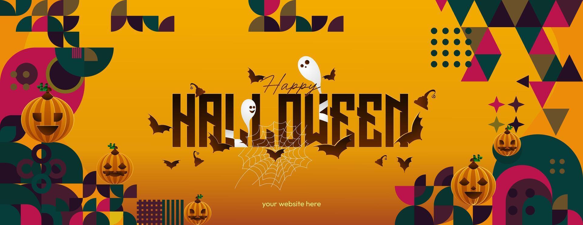 Happy Halloween horizontal background in geometric style. Happy Halloween cover with pumpkins, spider webs and typography. Suitable for greeting cards and party invitations for Halloween celebrations vector