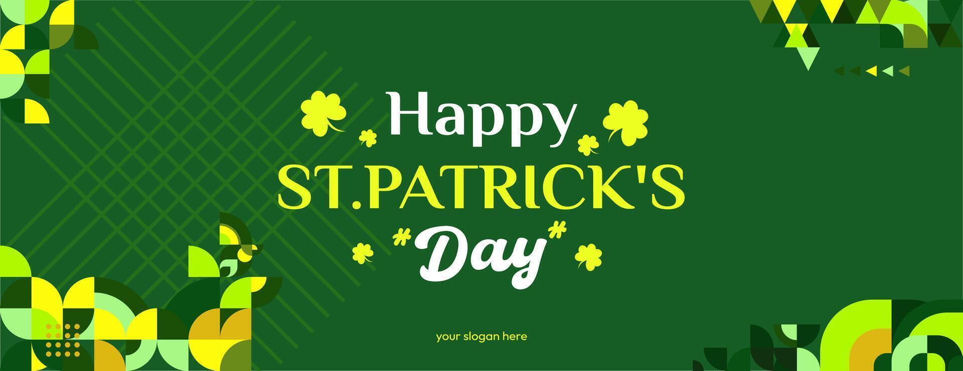 Happy St Patrick's Day banner in modern geometric style. Great for greeting covers, social posters and St Patrick's Day celebration party invitations with text. Vector illustration