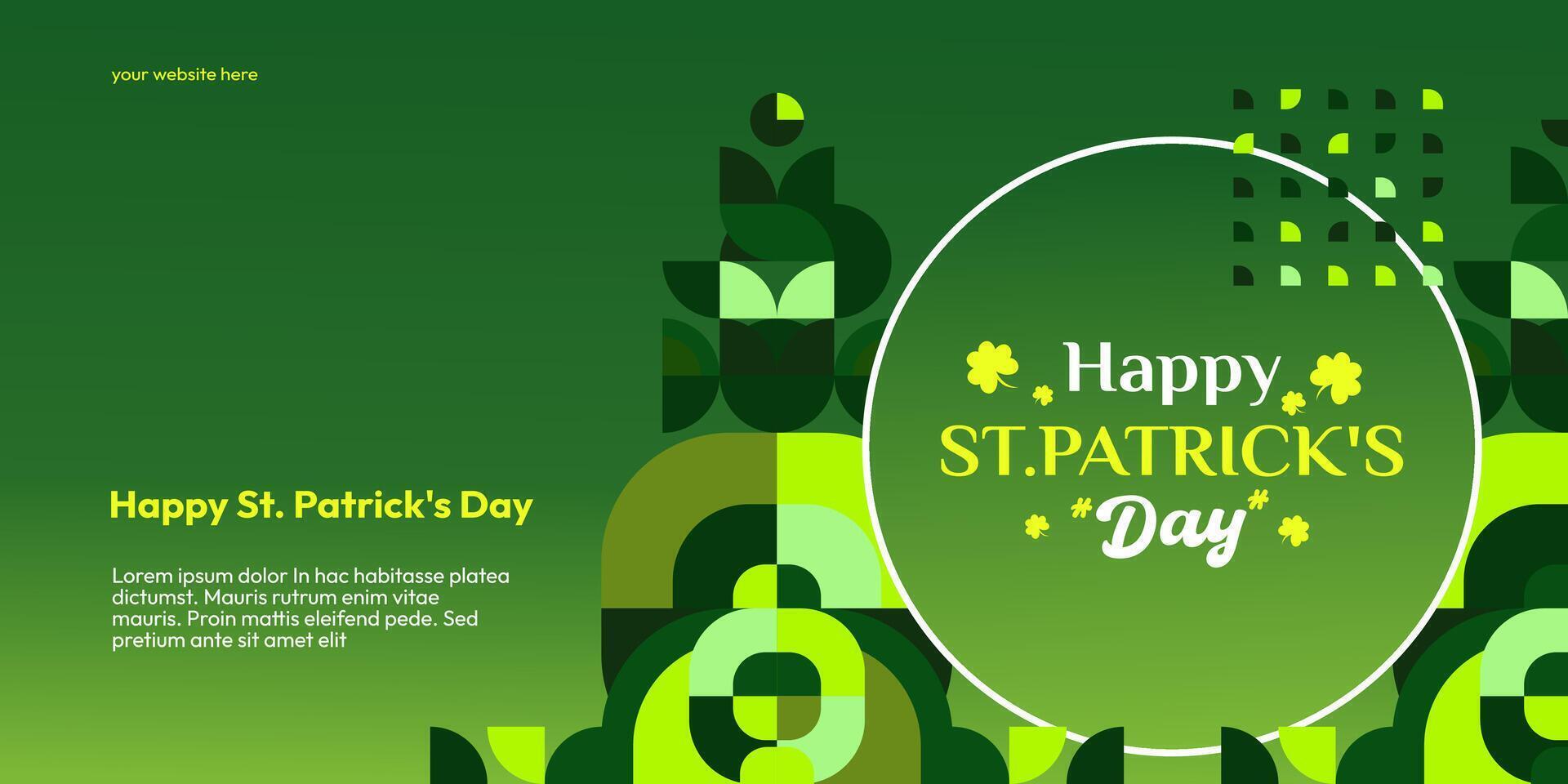 Happy St Patrick's Day banner in modern geometric style. Great for greeting covers, social posters and St Patrick's Day celebration party invitations with text. Vector illustration