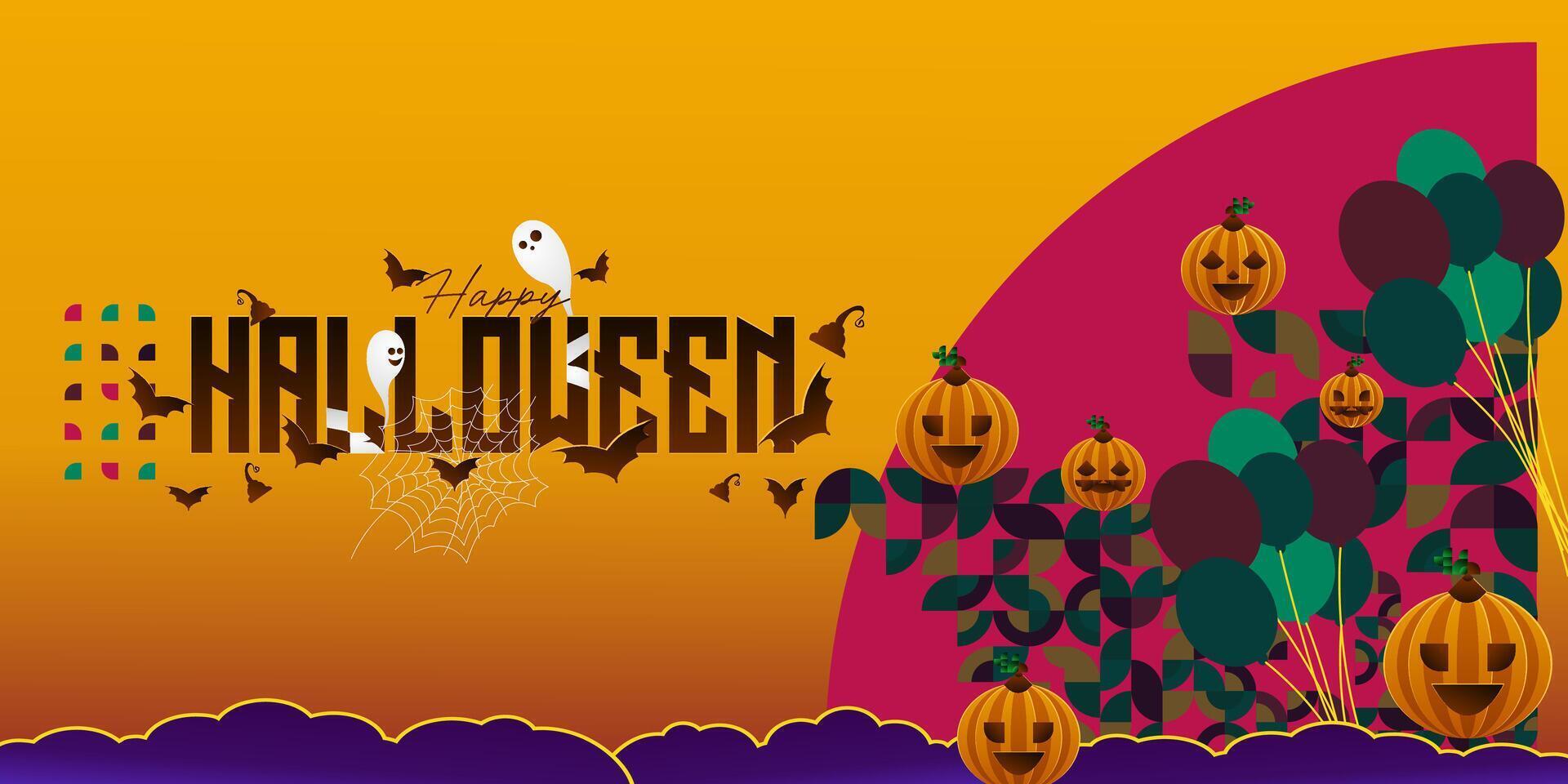 Happy Halloween background in geometric style. Happy halloween cover with pumpkins, spider webs and typography. Suitable for posters, greeting cards and party invitations for Halloween celebrations vector