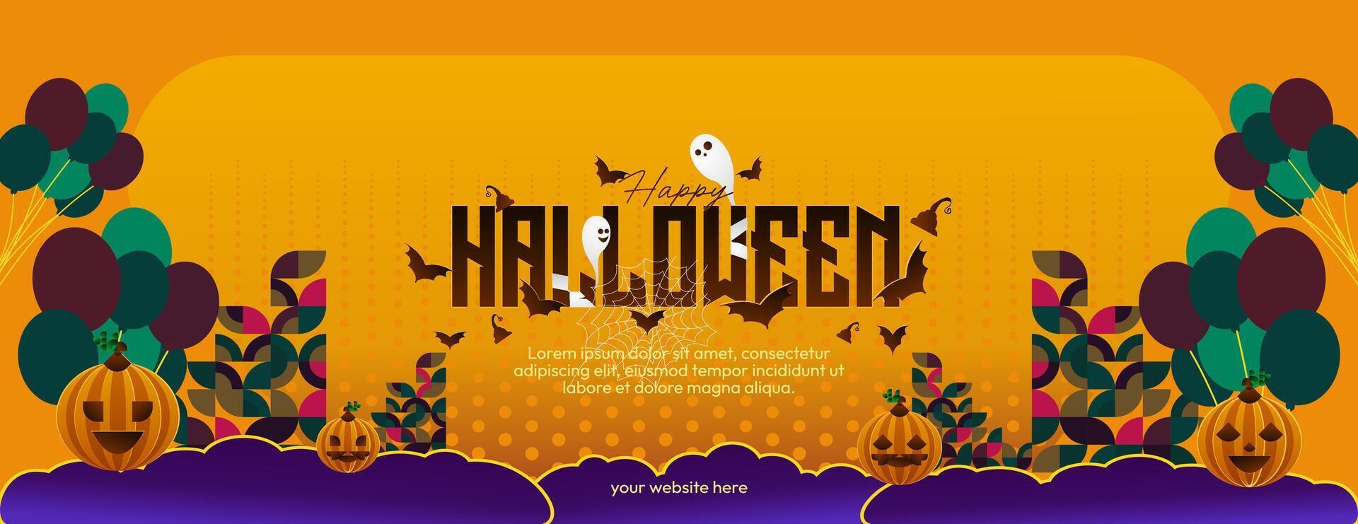 Happy Halloween horizontal background in geometric style. Happy Halloween cover with pumpkins, spider webs and typography. Suitable for greeting cards and party invitations for Halloween celebrations vector