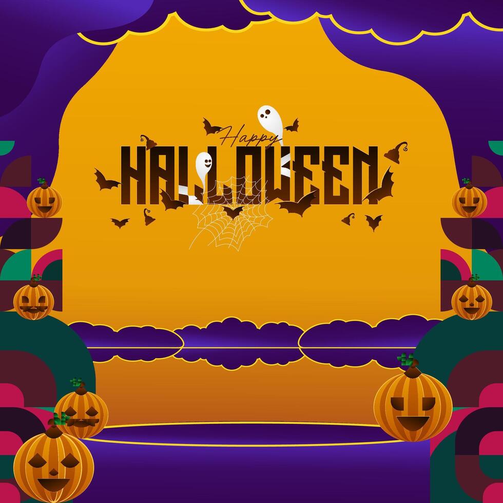 Happy Halloween background in geometric style. Happy Halloween cover with pumpkins, spider webs and typography. Suitable for posters, greeting cards and party invitations for Halloween celebrations vector