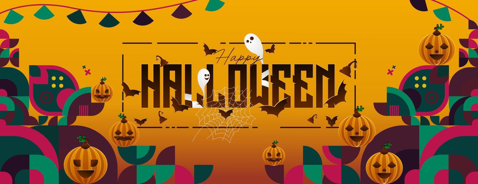 Happy Halloween horizontal background in geometric style. Happy Halloween cover with pumpkins, spider webs and typography. Suitable for greeting cards and party invitations for Halloween celebrations vector