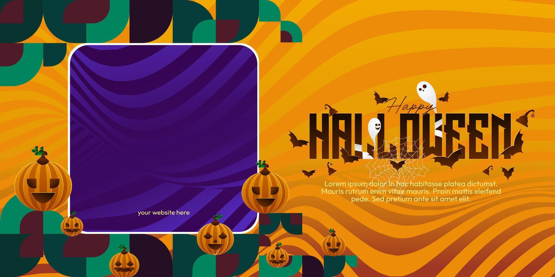 Happy Halloween background in geometric style. Happy halloween cover with pumpkins, spider webs and typography. Suitable for posters, greeting cards and party invitations for Halloween celebrations vector