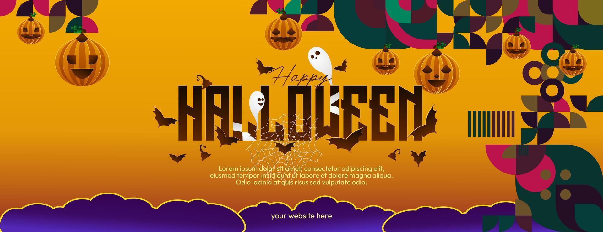 Happy Halloween horizontal background in geometric style. Happy Halloween cover with pumpkins, spider webs and typography. Suitable for greeting cards and party invitations for Halloween celebrations vector