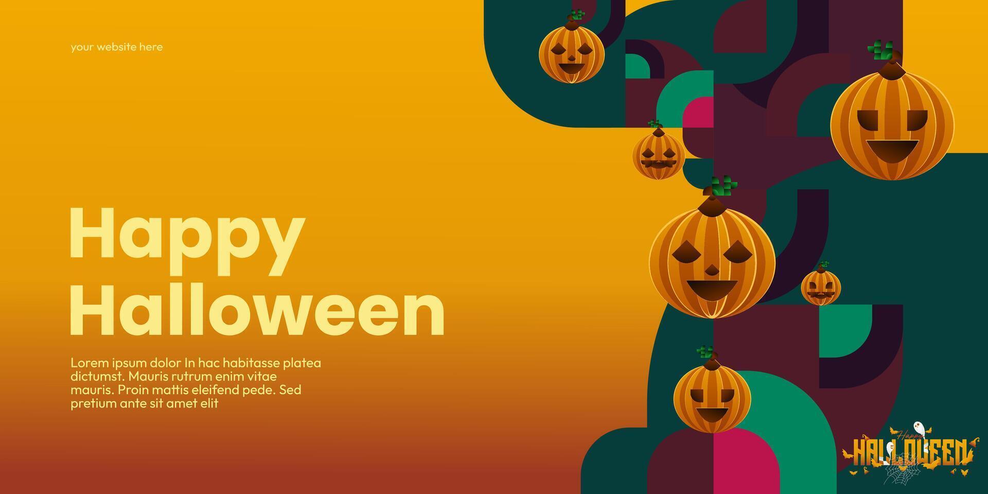 Happy Halloween background in geometric style. Happy halloween cover with pumpkins, spider webs and typography. Suitable for posters, greeting cards and party invitations for Halloween celebrations vector