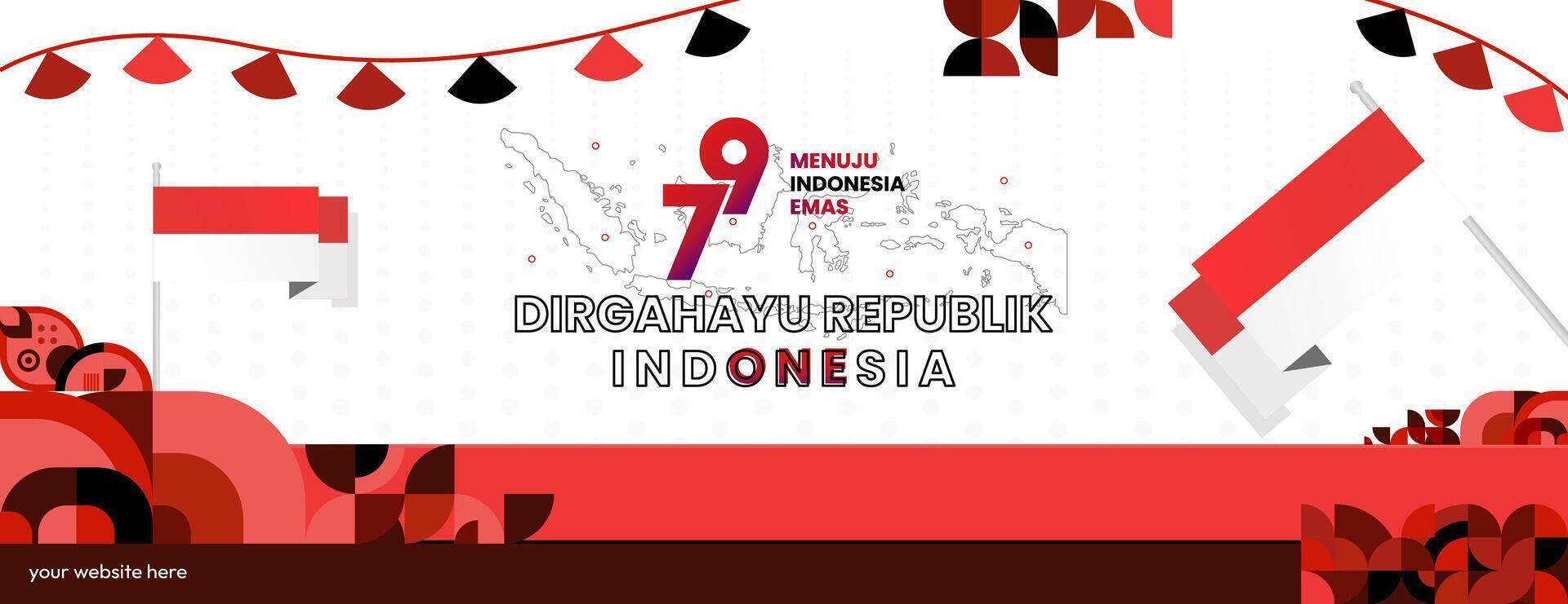 Happy Indonesian Independence Day background in geometric style. Happy Indonesia National Day cover with typography. Vector Illustration. Suitable for greeting cards, ads banner and party invitations