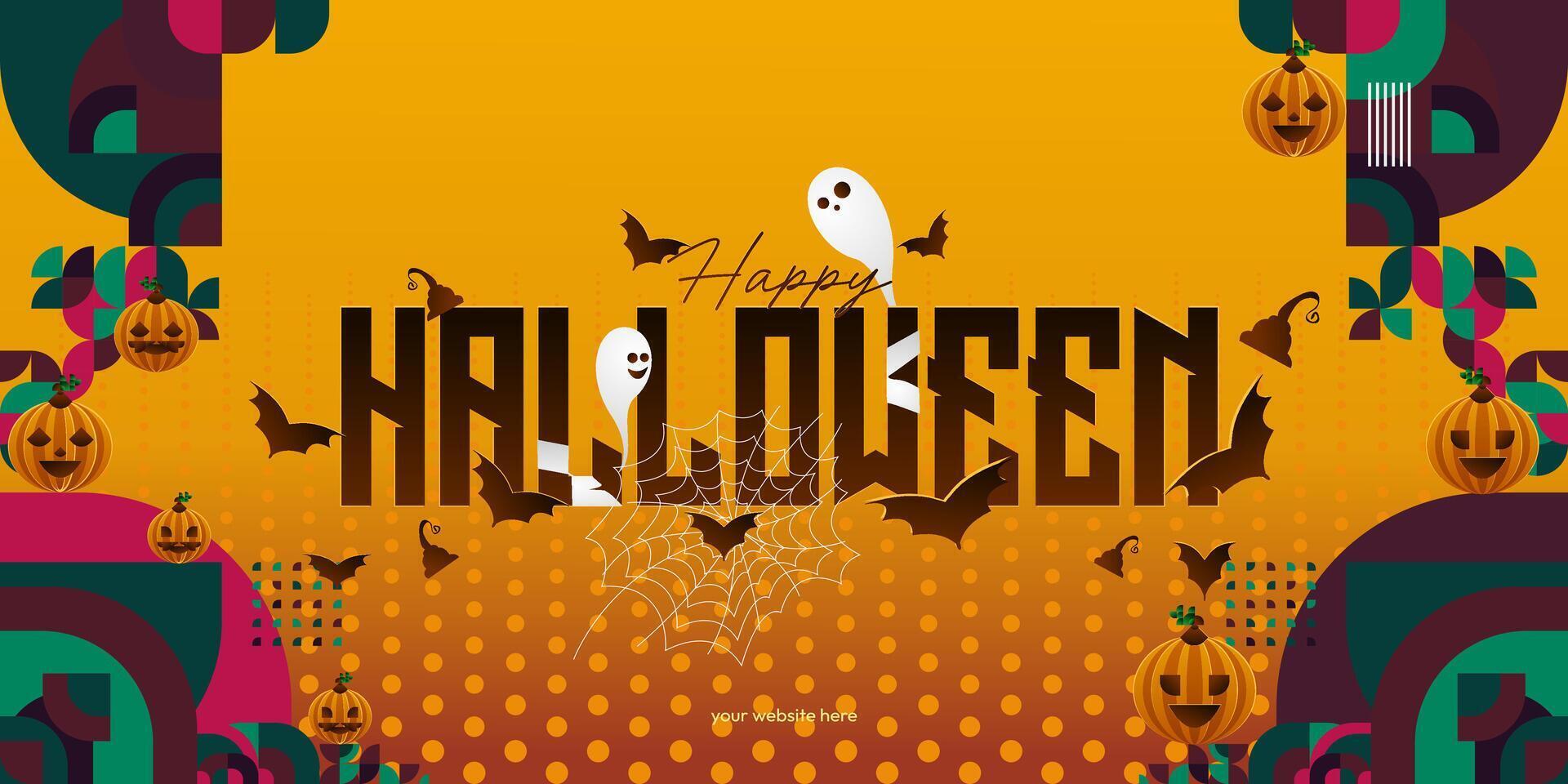 Happy Halloween background in geometric style. Happy halloween cover with pumpkins, spider webs and typography. Suitable for posters, greeting cards and party invitations for Halloween celebrations vector