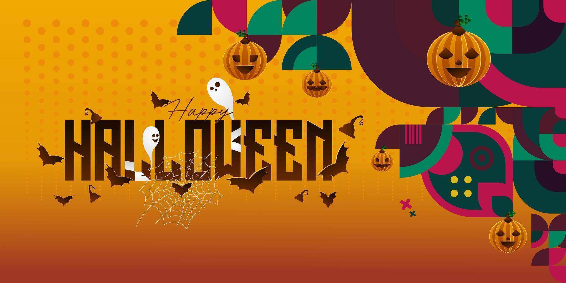 Happy Halloween background in geometric style. Happy halloween cover with pumpkins, spider webs and typography. Suitable for posters, greeting cards and party invitations for Halloween celebrations vector