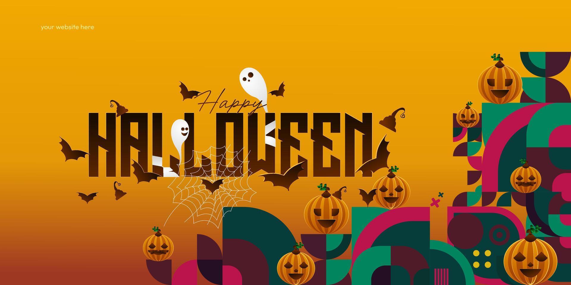 Happy Halloween background in geometric style. Happy halloween cover with pumpkins, spider webs and typography. Suitable for posters, greeting cards and party invitations for Halloween celebrations vector