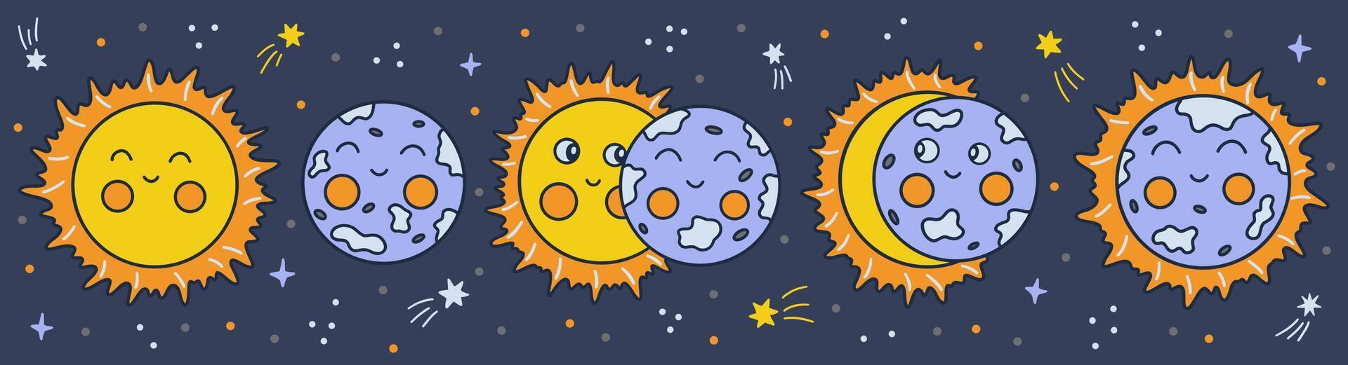 Solar eclipse. Hand drawn vector colorful horizontal