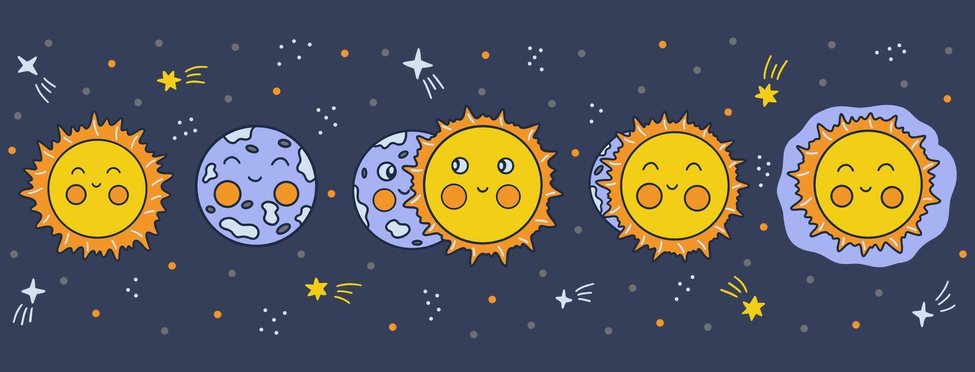 Lunar eclipse phases. Hand drawn vector, blue horizontal background vector