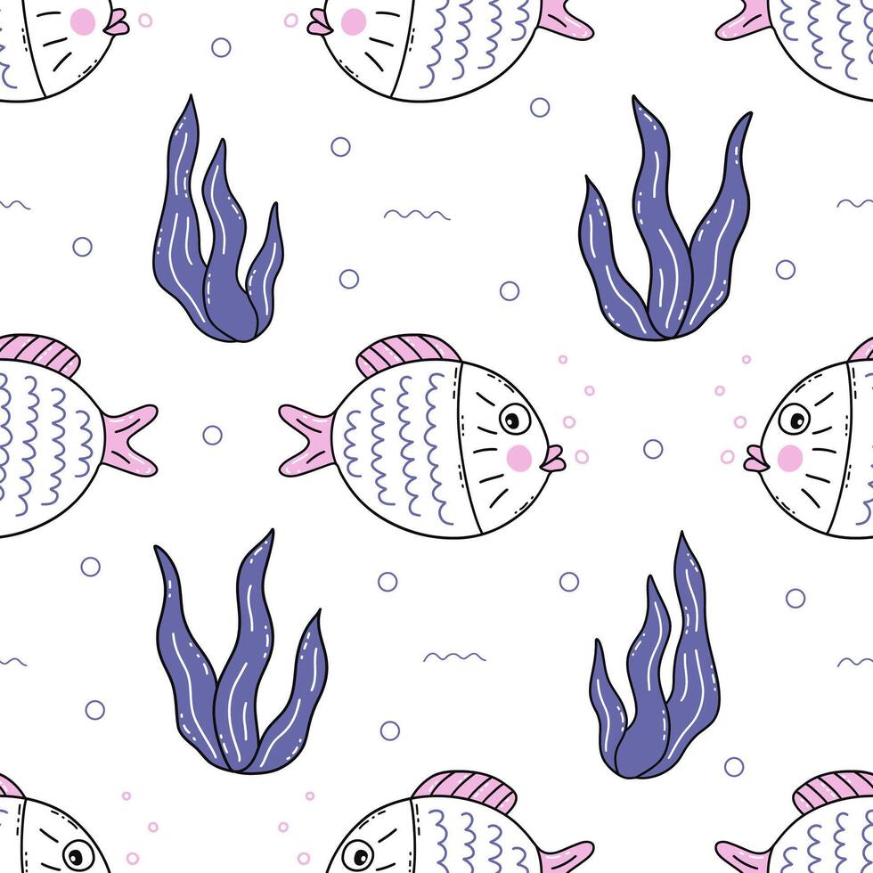 Seamless pattern with swimming round fish. Vector doodle print