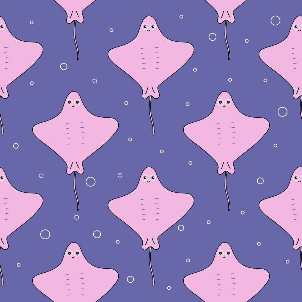 Seamless pattern with pink stingrays. Vector doodle print