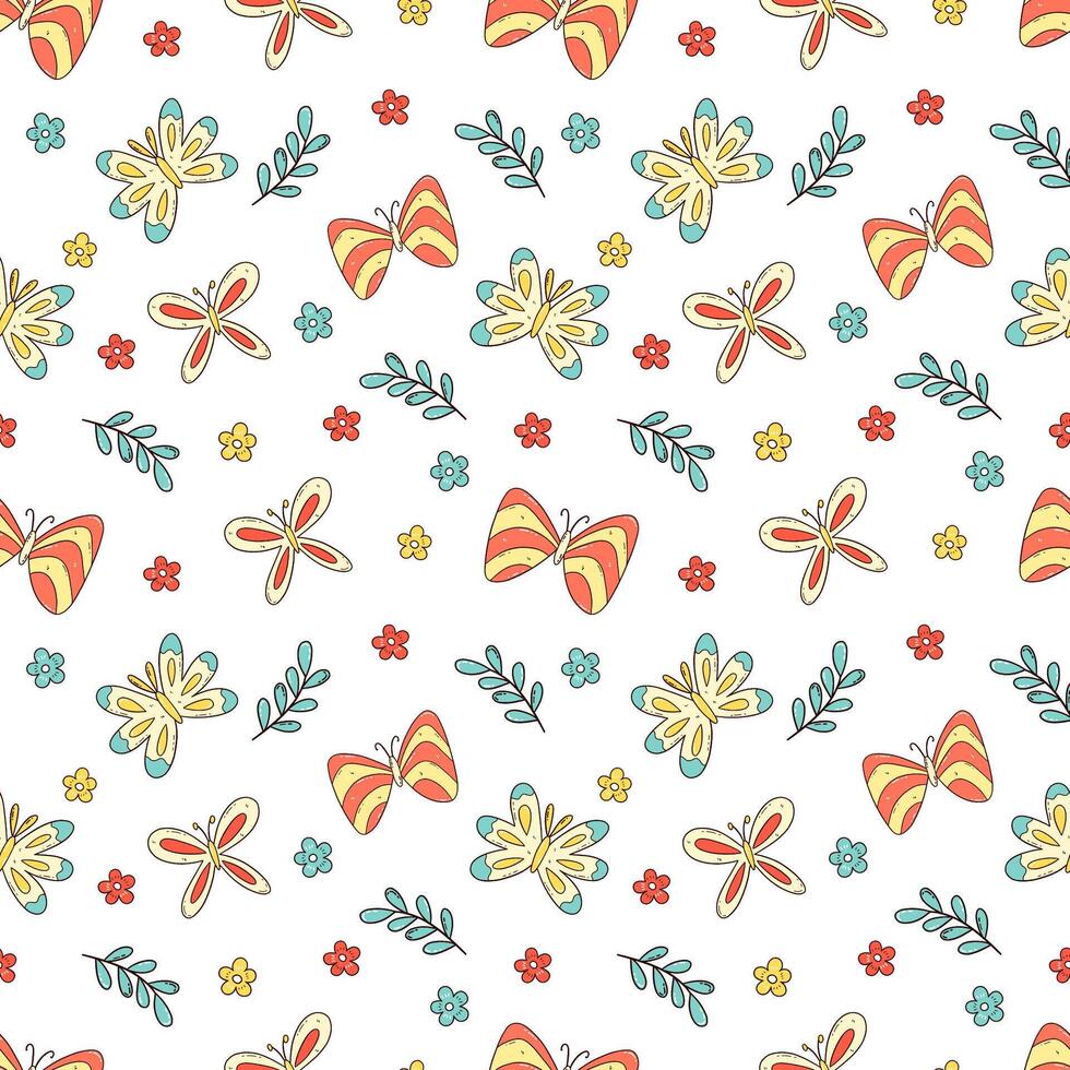 Seamless pattern with abstract butterflies, flowers and twigs. Vector