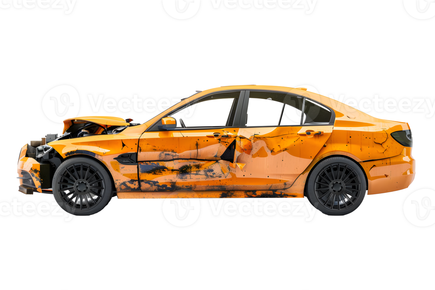 AI generated Yellow brandless sedan car accident on a transparent background png