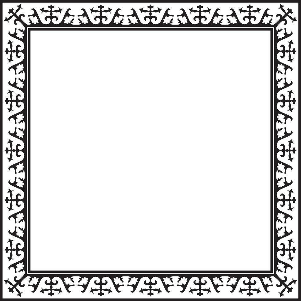 Vector black monochrome square Kazakh national ornament. Ethnic pattern of the peoples of the Great Steppe, Mongols, Kyrgyz, Kalmyks, Buryats. Square frame border.