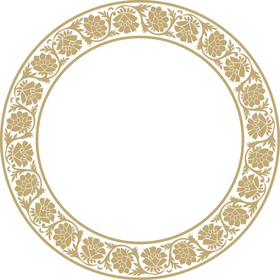 Vector round golden Indian national ornament. Ethnic plant circle, border. Frame, flower ring. Poppies and leaves.