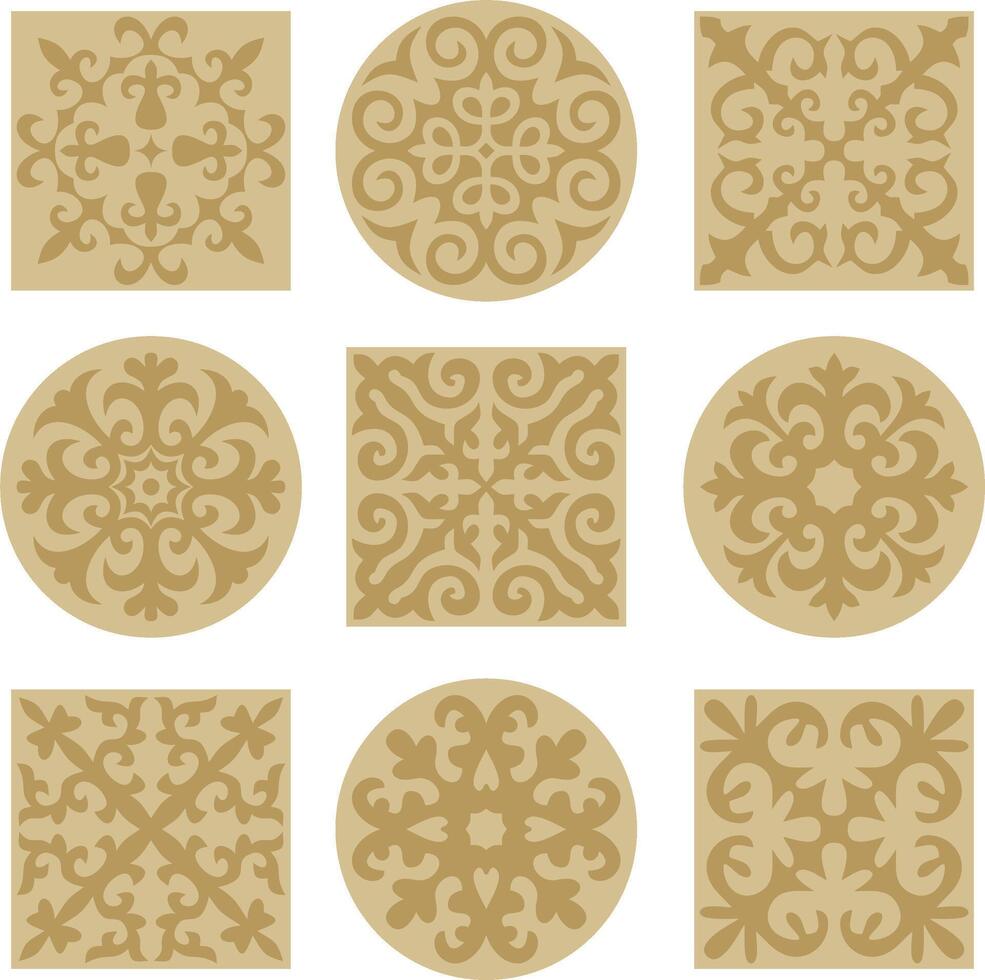 Vector set ofgolden signs Kazakh national ornament. Ethnic pattern of the peoples of the Great Steppe, Mongols, Kyrgyz, Kalmyks,  Buryats. circle, frame border.