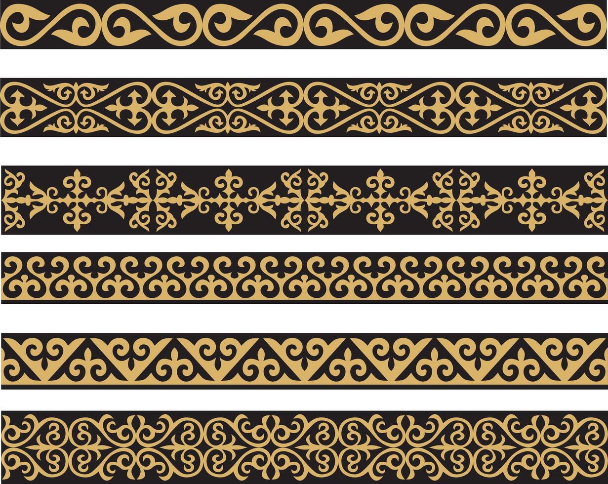 conjunto de vector oro y negro sin costura kazakh nacional ornamento. étnico modelo de el nómada pueblos de el genial estepa, el turcos borde, marco mongoles, kirguís, entierros, kalmyks.