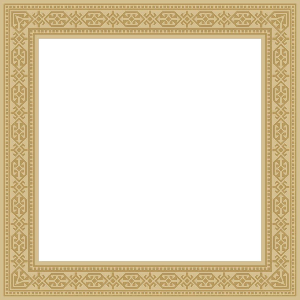 Vector golden square Kazakh national ornament. Ethnic pattern of the peoples of the Great Steppe, Mongols, .Kyrgyz, Kalmyks, Buryats. Square frame border