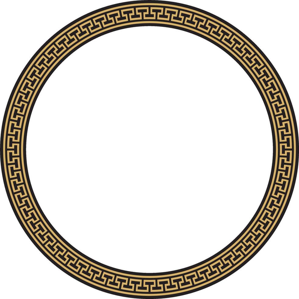 Vector gold and black round frame, border, classic Greek meander ornament. Patterned circle, ring of Ancient Greece and the Roman Empire.
