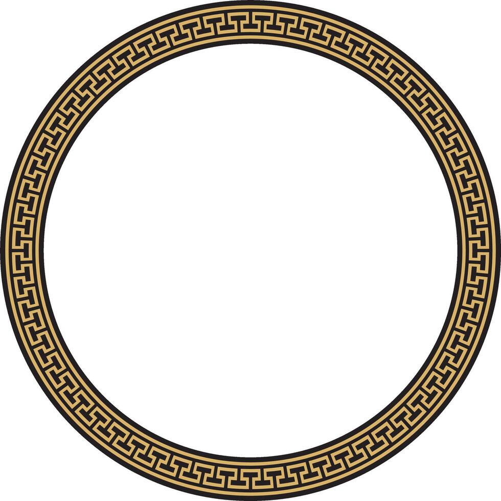 Vector gold and black round frame, border, classic Greek meander ornament. Patterned circle, ring of Ancient Greece and the Roman Empire.