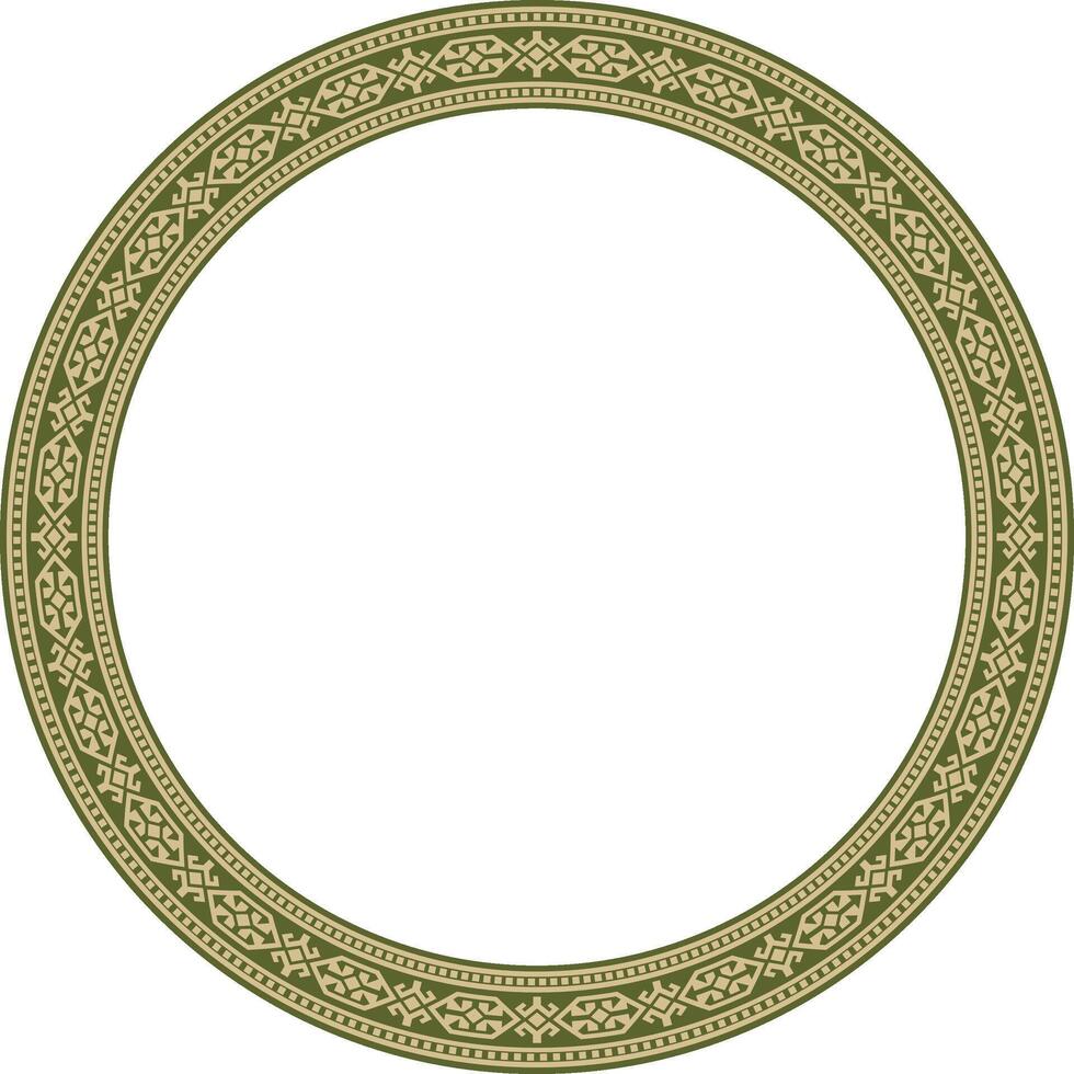 Vector green and gold round Kazakh national ornament. Ethnic pattern of the peoples of the Great Steppe, .Mongols, Kyrgyz, Kalmyks, Buryats. circle, frame border