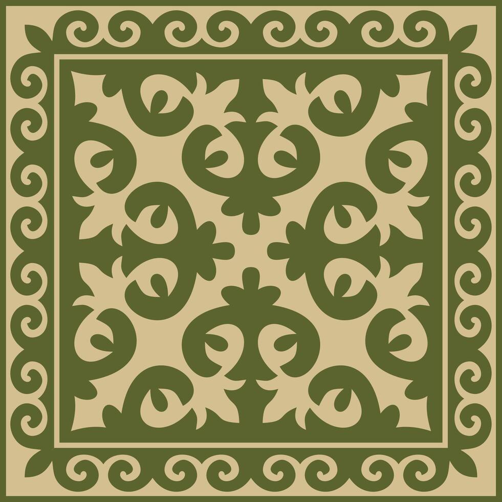 Vector green with gold Square Kazakh national ornament. Ethnic pattern of the peoples of the Great Steppe, .Mongols, Kyrgyz, Kalmyks, Buryats
