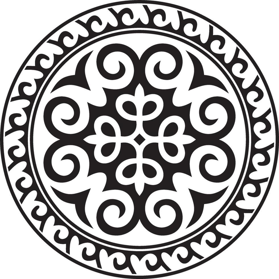Vector black monochrome round Kazakh national ornament. Ethnic pattern of the peoples of the Great Steppe, .Mongols, Kyrgyz, Kalmyks, Buryats. circle, frame border