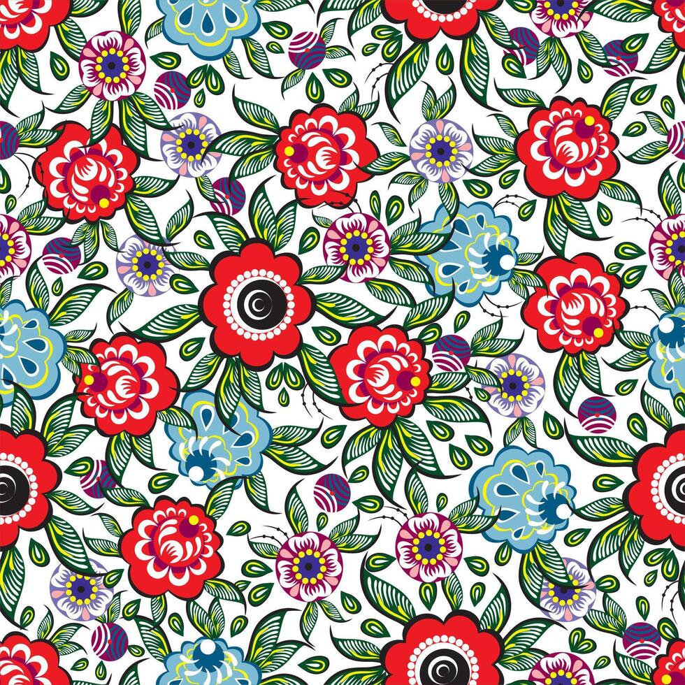 Vector colored endless ethnic Russian folk ornament. Seamless national Slavic floral pattern. Gorodets painting.