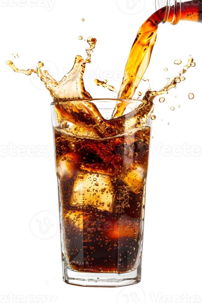 AI generated Cola splash in glass with ice cubes png