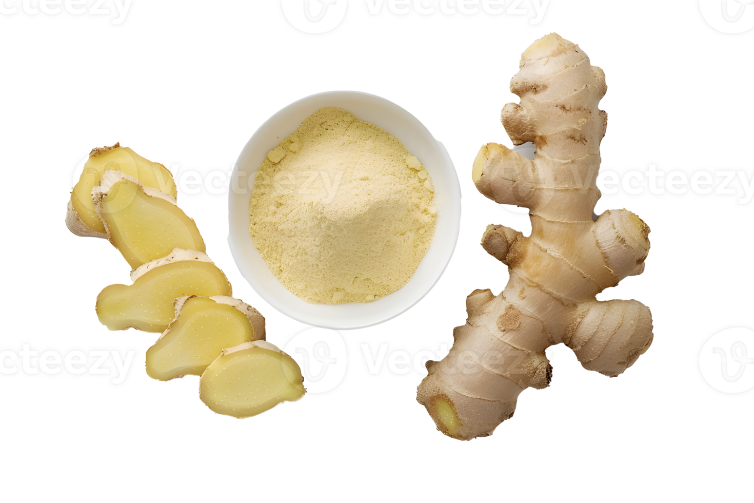 AI generated Ginger powder in bowl and fresh ginger root PNG