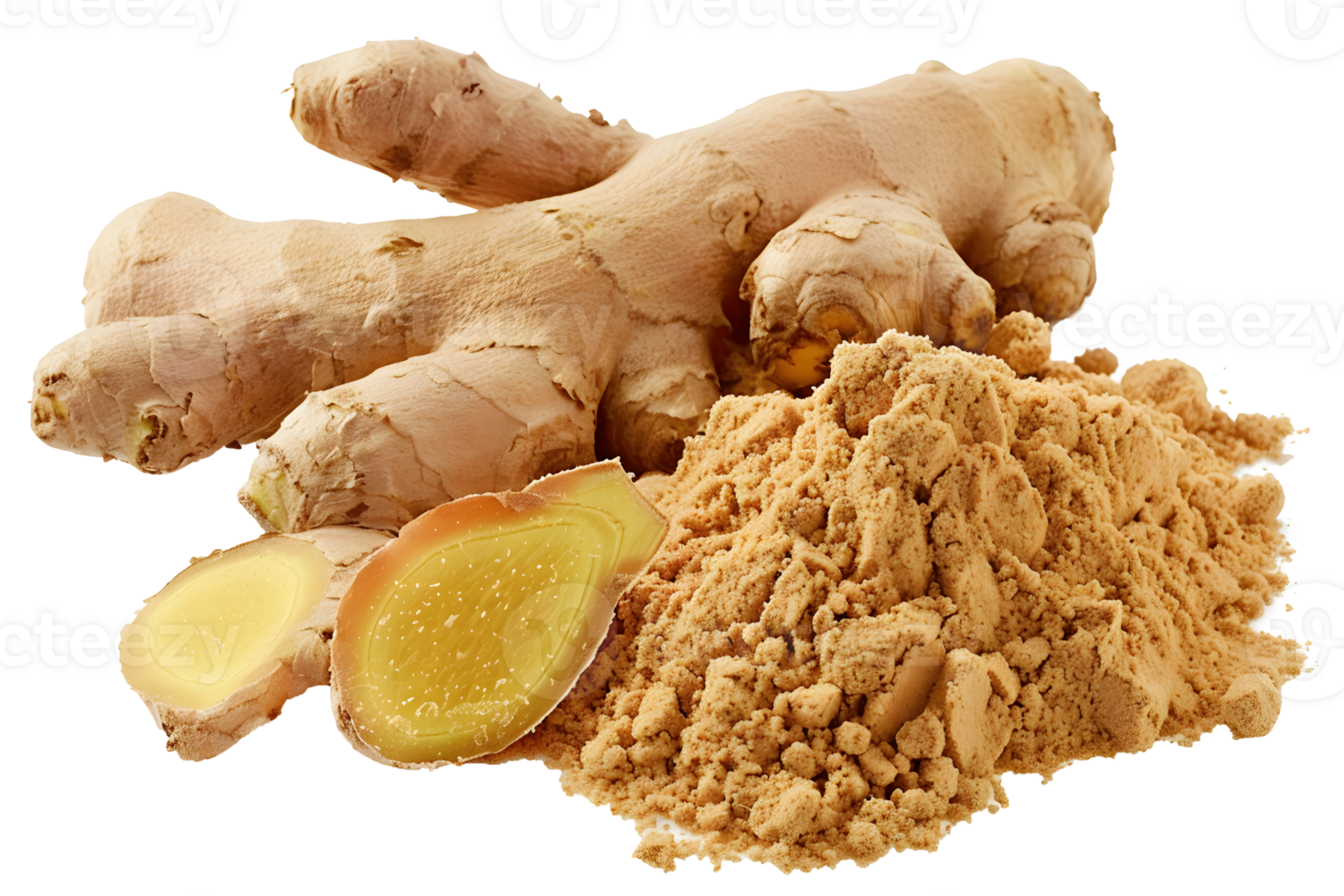 AI generated Ginger root and powder isolated on transparent background png
