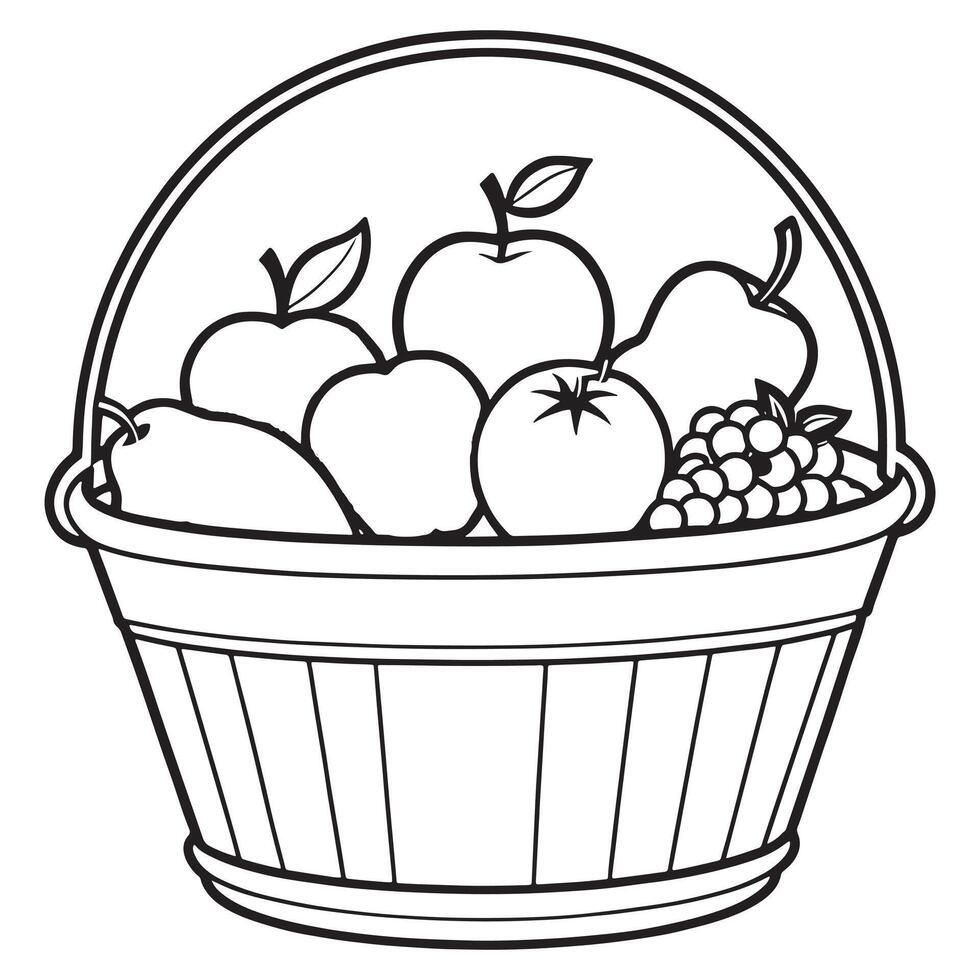 Fruits on a Basket coloring page, Fruits outline drawing coloring book pages for children vector