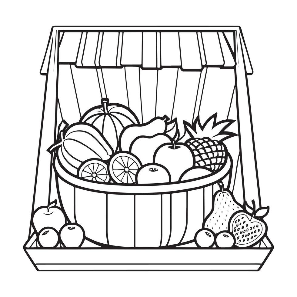 Fruits on a Basket coloring page, Fruits outline drawing coloring book pages for children vector