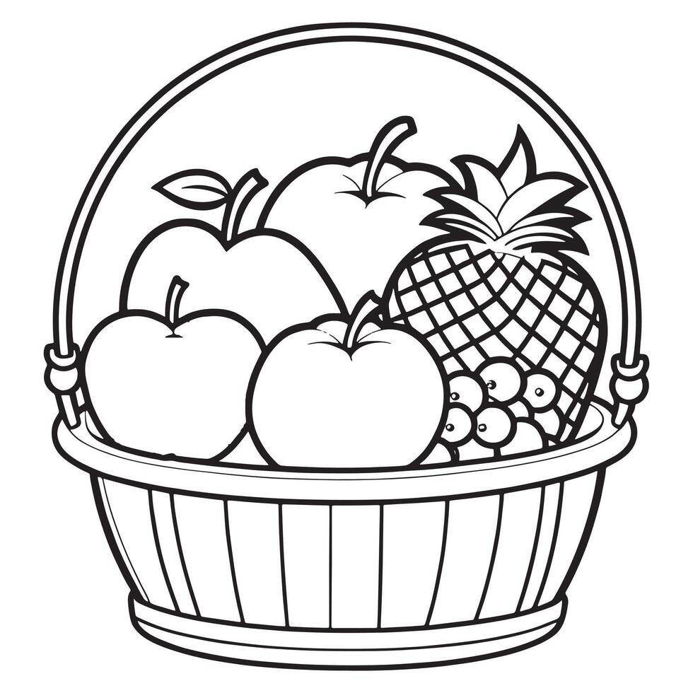Fruits on a Basket coloring page, Fruits outline drawing coloring book pages for children vector