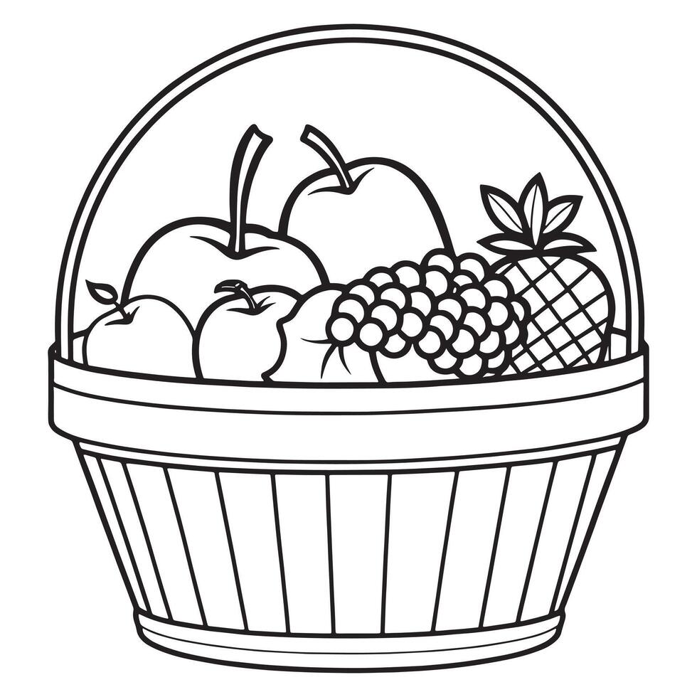 Fruits on a Basket coloring page, Fruits outline drawing coloring book pages for children vector