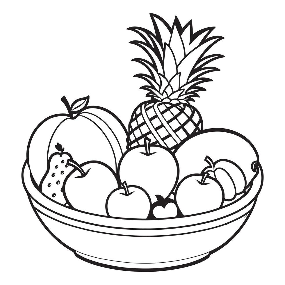 Fruits on a Basket coloring page, Fruits outline drawing coloring book pages for children vector