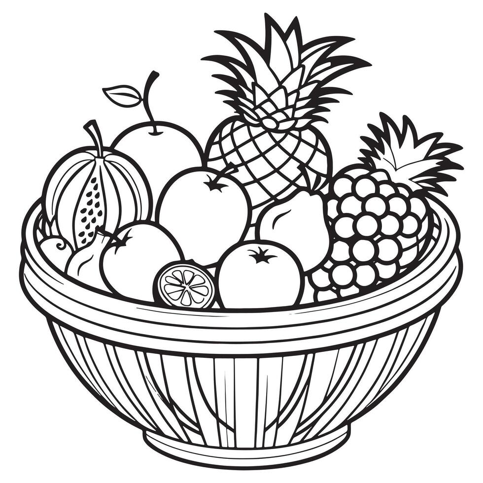 Fruits on a Basket coloring page, Fruits outline drawing coloring book pages for children vector