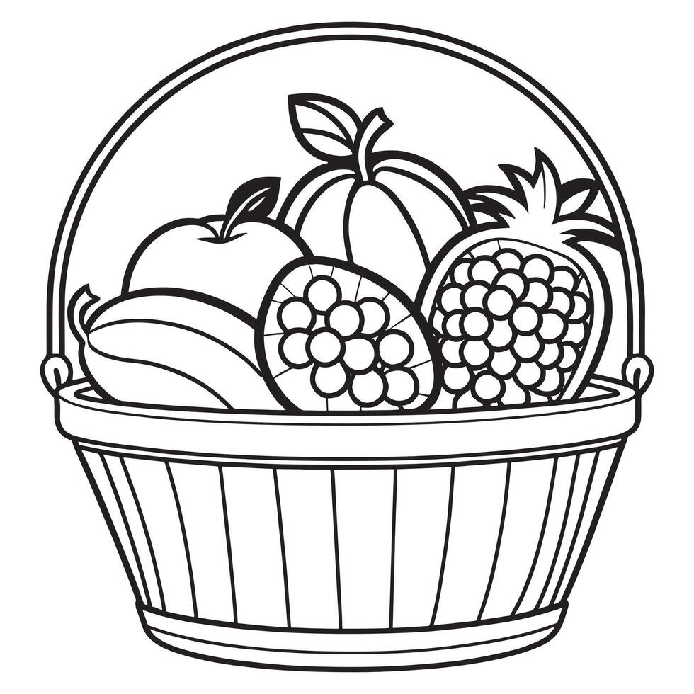 Fruits on a Basket coloring page, Fruits outline drawing coloring book pages for children vector